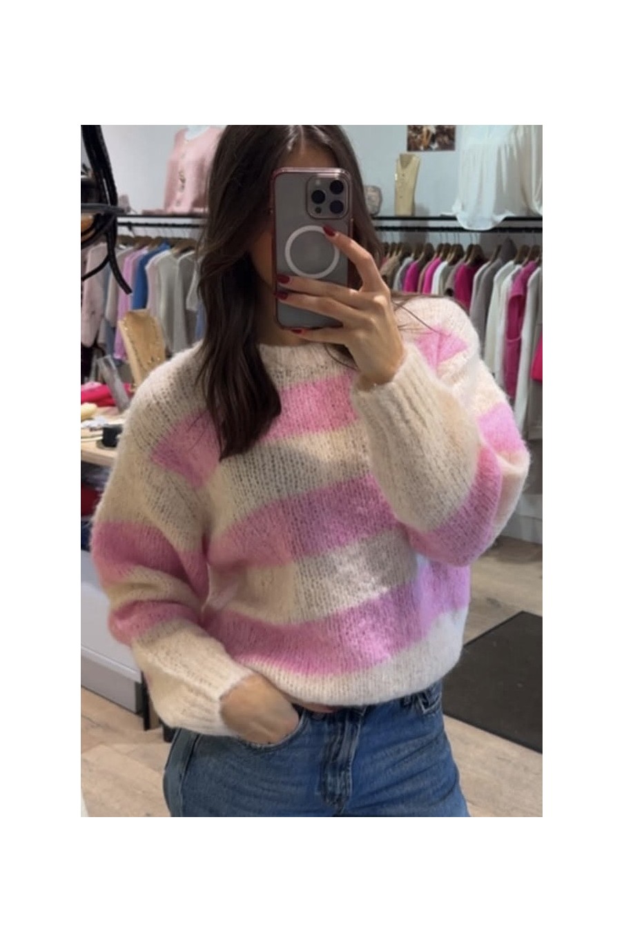 Pull rayé rose & écru