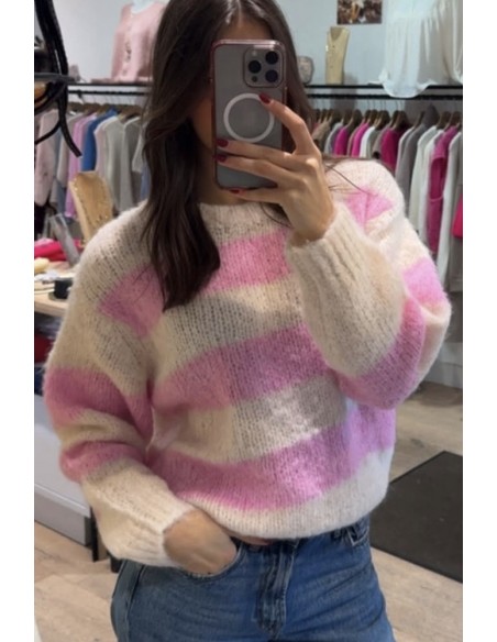 Pull rayé rose & écru