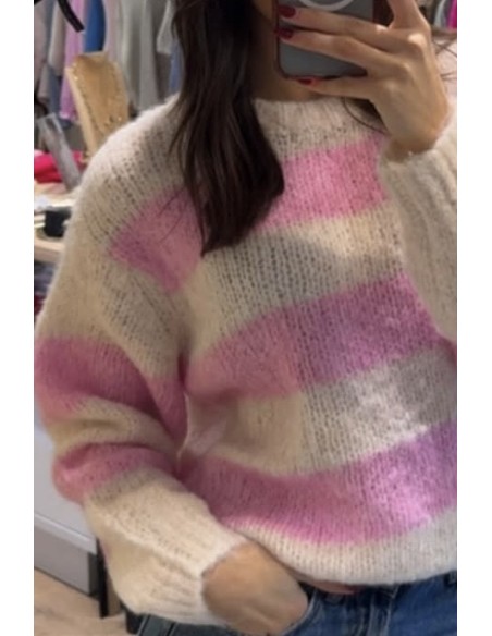 Pull rayé rose & écru